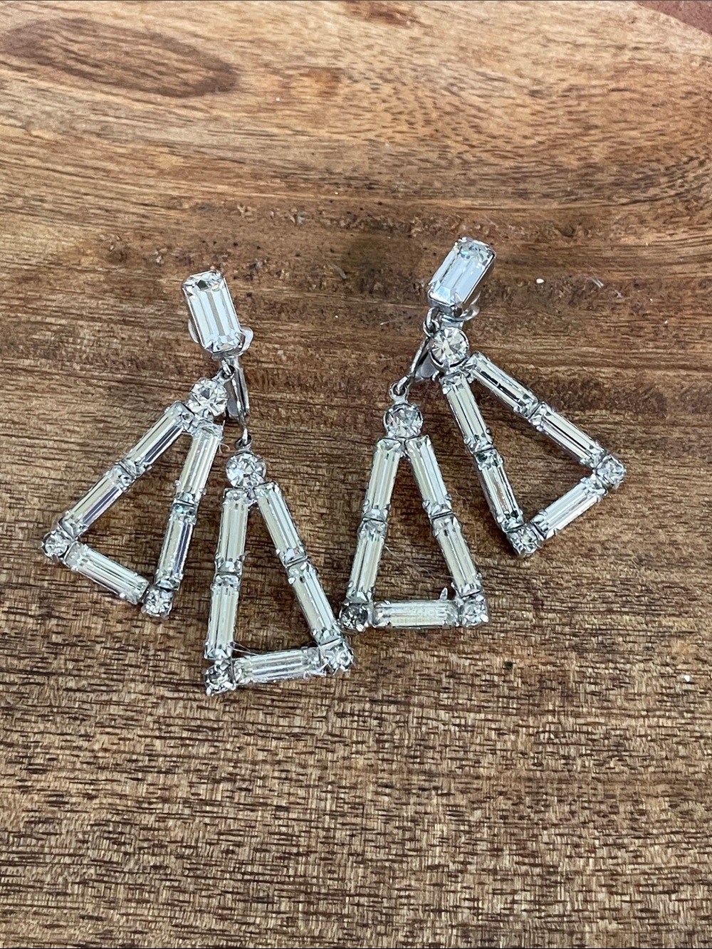 Weiss Art Deco Era Rhinestone Dangle Clip On Earrings Vintage Retro Old Glam